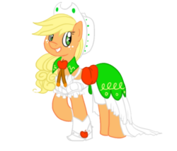Size: 700x600 | Tagged: safe, artist:anaxboo, applejack, earth pony, pony, g4, alternate hairstyle, boots, clothes, dress, solo, wedding dress