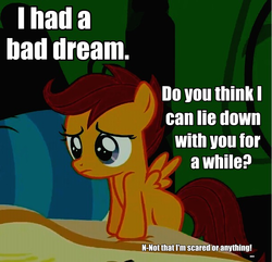 Size: 606x584 | Tagged: safe, scootaloo, pegasus, pony, bed, bronybait, cute, cutealoo, female, frown, image macro, leaning, sad, solo