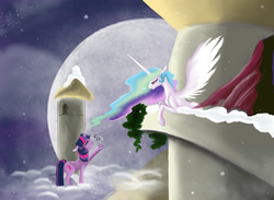 Size: 2113x1548 | Tagged: safe, artist:bri-sta, princess celestia, twilight sparkle, g4, balcony, female, lesbian, serenade, ship:twilestia, shipping, singing