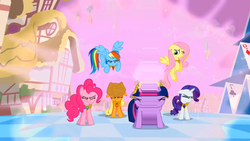 Size: 1280x720 | Tagged: safe, artist:capnpea, edit, edited screencap, screencap, applejack, fluttershy, pinkie pie, rainbow dash, rarity, twilight sparkle, g4, the return of harmony, discorded landscape, elements of harmony, expanding, fimbriae, mane six, purple sky