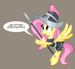 Size: 1149x1051 | Tagged: safe, artist:ric-m, fluttershy, private pansy, pegasus, pony, g4, hearth's warming eve (episode), armor, clothes, cute, dialogue, female, flying, gray background, helmet, if that's okay with you, mare, open mouth, shyabetes, simple background, solo, spear, speech bubble, spread wings, weapon, wings