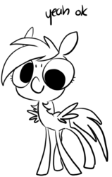 Size: 403x633 | Tagged: safe, artist:php27, derpy hooves, pegasus, pony, g4, black and white, female, grayscale, mare, monochrome, simple background, smiling, solo, spread wings, text, white background, wings