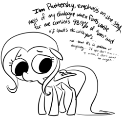 Size: 660x636 | Tagged: safe, artist:php27, fluttershy, pegasus, pony, g4, black and white, dialogue, female, floppy ears, grayscale, looking away, mare, monochrome, solo, standing, stereotype, wings