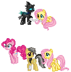 Size: 254x256 | Tagged: safe, artist:robokitty, daring do, fluttershy, pinkie pie, oc, oc:mirror match, changeling, g4, bandage, broken horn, horn, mirror, pixel art, simple background, smoke and mirrors, sprite, transparent background