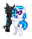 Size: 112x134 | Tagged: safe, artist:robokitty, dj pon-3, vinyl scratch, oc, oc:wubsy, changeling, g4, duo, holding a changeling, pixel art, simple background, sprite, transparent background