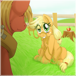 Size: 800x800 | Tagged: safe, artist:inuhoshi-to-darkpen, applejack, big macintosh, earth pony, pony, g4, embarrassed, fluffy, grass, hatless, missing accessory, rope, who's a silly pony