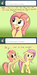 Size: 1000x2007 | Tagged: safe, artist:squiby-327, fluttershy, posey, ask posey, g1, g4, 2 panel comic, ask, comic, nom, tumblr, wings