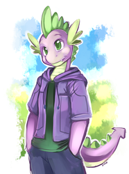 Size: 650x873 | Tagged: safe, artist:ende26, spike, anthro, g4, clothes, hoodie, male, older, older spike, solo