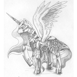 Size: 2480x2480 | Tagged: safe, artist:george5408, princess celestia, pony, g4, armor, female, high res, monochrome, pencil drawing, sketch, solo, traditional art