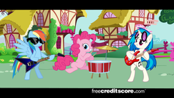 Size: 680x383 | Tagged: safe, dj pon-3, pinkie pie, rainbow dash, vinyl scratch, g4, band, commercial, drums, freecreditscore.com, guitar, musical instrument