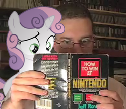 Size: 595x511 | Tagged: safe, sweetie belle, human, pony, g4, angry video game nerd, book, irl, nintendo, photo, ponies in real life, reading, vector