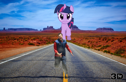 Size: 680x446 | Tagged: safe, twilight sparkle, human, pony, g4, arizona, desert, giant pony, irl, jackass, johnny knoxville, mega twilight sparkle, photo, ponies in real life, route 66, run for the hills, run for your lives, running, vector