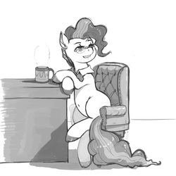 Size: 900x900 | Tagged: safe, artist:kevinsano, mayor mare, earth pony, pony, g4, chair, desk, female, glasses, grayscale, mare, monochrome, smiling, solo