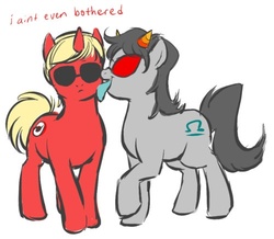 Size: 500x435 | Tagged: artist needed, safe, bicorn, pony, unicorn, colored tongue, dave strider, duo, female, homestuck, horn, licking, male, mare, ponified, simple background, stallion, sunglasses, terezi pyrope, tongue out, white background