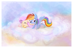 Size: 1000x656 | Tagged: safe, artist:stepandy, fluttershy, rainbow dash, g4, cloud, cute, floppy ears