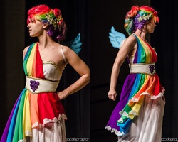 Size: 1247x1000 | Tagged: safe, artist:burloire, artist:rose0fmay, rainbow dash, human, g4, clothes, cosplay, dress, gala dress, irl, irl human, photo