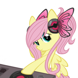 Size: 550x550 | Tagged: safe, artist:oathkeeper21, fluttershy, pegasus, pony, g4, alternate hairstyle, cute, disc jockey, female, headphones, mare, simple background, solo, transparent background, turntable