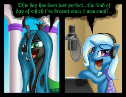 Size: 900x696 | Tagged: safe, artist:berrypawnch, queen chrysalis, trixie, a canterlot wedding, g4, headphones, kathleen barr, microphone, recording studio, this day aria, voice acting, voice actor joke