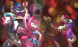 Size: 1648x1000 | Tagged: safe, artist:atryl, dj pon-3, doctor whooves, pinkie pie, roseluck, time turner, vinyl scratch, oc, oc:cryo, anthro, g4, armpits, belly button, blue underwear, clothes, cutie mark, dancing, dress, flank, ice, midriff, panties, pants, shirt, skirt, tank top, underwear, upskirt