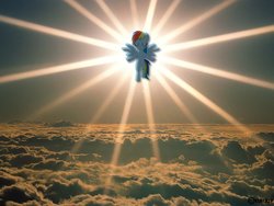Size: 680x510 | Tagged: safe, rainbow dash, angel, pony, g4, beautiful, cloud, cloudy, crepuscular rays, irl, majestic, photo, ponies in real life, solo, sunrise
