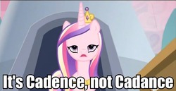 Size: 831x430 | Tagged: safe, screencap, princess cadance, pony, g4, cadence correction, female, image macro, meta, not serious, solo, spelling, text