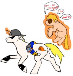 Size: 500x518 | Tagged: artist needed, source needed, safe, earth pony, pony, unicorn, baseball cap, bro strider, brothers, cap, colt, dave strider, duo, foal, hat, homestuck, lil' cal, magic, magic aura, male, ponified, puppet, running, siblings, simple background, species swap, stallion, sunglasses, telekinesis, transparent background