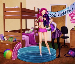 Size: 3508x3000 | Tagged: safe, artist:alexielart, pinkie pie, twilight sparkle, human, g4, barefoot, bikini, blushing, bunk bed, clothes, duo, feet, female, high res, humanized, indoors, inflatable, inner tube, lesbian, party, pool toy, ship:twinkie, shipping, skirt, swimming pool, swimsuit, tattoo