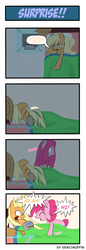 Size: 660x1914 | Tagged: safe, artist:reikomuffin, applejack, pinkie pie, earth pony, pony, g4, 4 panel comic, 4koma, bed, comic, glass table, midnight, sleeping, surprised