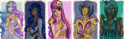 Size: 1280x399 | Tagged: safe, artist:mistix, princess cadance, princess celestia, princess luna, queen chrysalis, shining armor, g4, alicorn triarchy, armor, breasts, cleavage, clothes, crossed arms, crown, dark skin, dress, humanized, jewelry, light skin, moderate dark skin, regalia, smiling, tiara