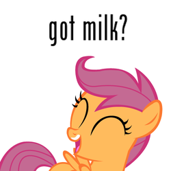Size: 480x479 | Tagged: source needed, safe, scootaloo, pegasus, pony, g4, eyes closed, female, got milk, milk moustache, open mouth, simple background, smiling, solo, white background