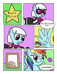 Size: 816x1056 | Tagged: safe, artist:dustyranger, fluttershy, photo finish, rainbow dash, pegasus, pony, g4, bedroom eyes, comic, disguise, double life, flapping, licking lips, smiling, tongue out