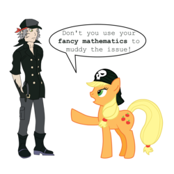 Size: 1250x1250 | Tagged: safe, artist:fantasyglow, applejack, earth pony, human, pony, g4, clothes, crossover, female, male, mare, minamimoto sho, simple background, so zetta slow, the world ends with you, transparent background