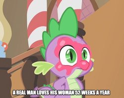 Size: 680x537 | Tagged: safe, edit, edited screencap, screencap, spike, dragon, g4, lesson zero, baby, baby dragon, caption, frosting, hands behind back, image macro, male, meme, menstruation, not blood, real men, solo, sugarcube corner, text