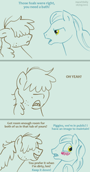 Size: 400x762 | Tagged: safe, artist:haretrinity, pigpen, squeaky clean, earth pony, pony, g4, blushing, dialogue, embarrassed, eye contact, floppy ears, freckles, frown, gay, glare, gray background, grin, hair over eyes, hidden eyes, looking at each other, male, open mouth, shipping, simple background, smiling, squeakypen, squee, stallion, text, underhoof, wide eyes