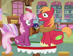 Size: 443x342 | Tagged: safe, screencap, big macintosh, cheerilee, earth pony, pony, g4, hearts and hooves day (episode), animated, blinking, cropped, duo, duo male and female, female, loop, male, mare, ship:cheerimac, shipping, sitting, stallion, straight, stunned