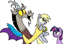 Size: 1789x1257 | Tagged: safe, artist:strangiesleepy, derpy hooves, discord, twilight sparkle, draconequus, pegasus, pony, unicorn, g4, amazing horse, female, male, mare, simple background, transparent background, trio, twilight sparkle is not amused, unamused, unicorn twilight