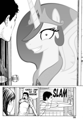 Size: 798x1181 | Tagged: safe, princess celestia, human, pony, princess molestia, g4, comic, female, gyo, junji ito, male, trolling