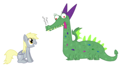 Size: 1194x639 | Tagged: safe, artist:cuttycommando, crackle, derpy hooves, dragon, pegasus, pony, g4, duo, female, mare, simple background, transparent background