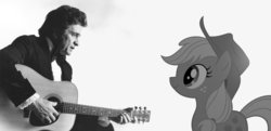 Size: 680x329 | Tagged: safe, applejack, human, pony, g4, black and white, grayscale, irl, johnny cash, meet up, photo, ponies in real life, singing, vector