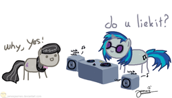 Size: 1224x697 | Tagged: safe, artist:jamesjaames, dj pon-3, octavia melody, vinyl scratch, g4, cute, female, lesbian, music, my little scribble, scribble, scribbles, ship:scratchtavia, shipping, wub