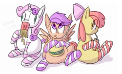 Size: 929x564 | Tagged: safe, artist:secretgoombaman12345, apple bloom, scootaloo, sweetie belle, g4, burger, chubby bloom, clothes, cutie mark crusaders, fat, feedee belle, french fries, gentlecolts, mcdonald's, ponies eating meat, socks, soda, stretch mark crusaders, striped socks, sweetie belly, weight gain