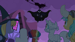 Size: 1280x720 | Tagged: safe, screencap, cloud kicker, echo (g4), lyra heartstrings, mayor mare, nocturn, princess luna, sunshower raindrops, g4, luna eclipsed, season 2, bedsheet ghost, chariot, dramatic entrance, echo and nocturn, glowing eyes, helmet, horned helmet, luna's chariot, mummy costume, nightmare night, silhouette, viking helmet