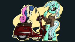 Size: 1280x720 | Tagged: safe, artist:miles, bon bon, lyra heartstrings, sweetie drops, earth pony, pony, unicorn, g4, bipedal, clothes, duo, jacket, moped, scooter, sunglasses