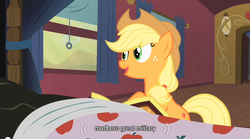 Size: 640x355 | Tagged: safe, screencap, applejack, earth pony, pony, g4, over a barrel, season 1, applejack's hat, cowboy hat, hat, youtube caption