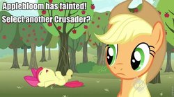 Size: 680x381 | Tagged: safe, edit, edited screencap, screencap, apple bloom, applejack, earth pony, pony, g4, the super speedy cider squeezy 6000, apple, apple bloom's bow, apple tree, applejack's hat, bow, bush, cloud, cowboy hat, duo, duo female, eyes closed, female, filly, foal, food, frown, grass, hair bow, hat, hub logo, hub network, lying down, mare, missing freckles, on back, open mouth, passed out, pokémon, roflbot, sky, the hub, tree, underhoof