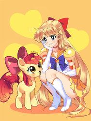 Size: 600x800 | Tagged: safe, artist:juby, apple bloom, earth pony, human, pony, g4, clothes, crossover, female, filly, hilarious in hindsight, sailor moon, sailor moon (series), sailor venus, schrödinger's pantsu, tsukino usagi