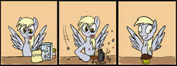 Size: 800x300 | Tagged: safe, artist:lostwolfen, derpy hooves, pegasus, pony, g4, comic, cooking, female, hammer, mare, muffin