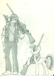 Size: 1155x1605 | Tagged: safe, artist:lostwolfen, twilight sparkle, human, pony, unicorn, g4, crossover, cutie mark, female, gun, hat, hooves, horn, mare, monochrome, optical sight, rifle, simple background, sniper, sniper (tf2), sniper rifle, sunglasses, team fortress 2, teeth, weapon