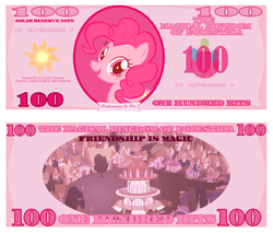 Size: 1200x1020 | Tagged: safe, artist:cradet, part of a set, pinkie pie, g4, bill, bits, money, part of a series, ponyville, stock vector