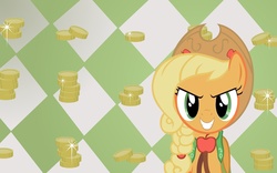 Size: 1680x1050 | Tagged: safe, screencap, applejack, earth pony, pony, g4, the best night ever, bits, clothes, coin, dress, female, gala dress, grin, looking at you, money, solo